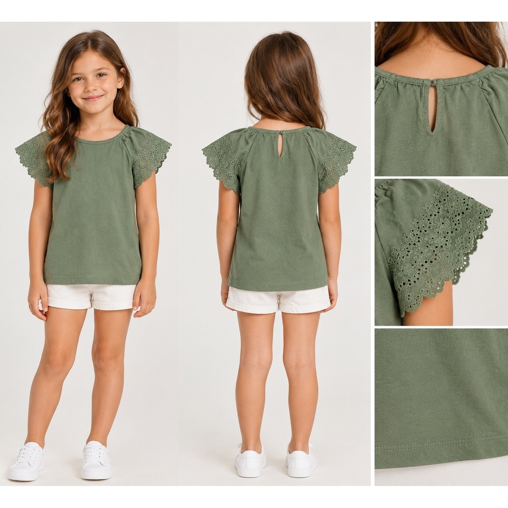 Mini Boden T-Shirt Kids 6-7Y Green Excellent Eyelet Flutter Sleeve Boho Top